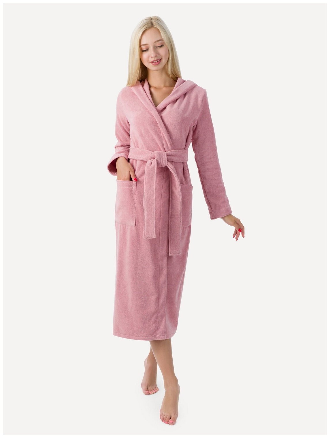 Женский халат с капюшоном, пудрово-розовый - фотография № 1