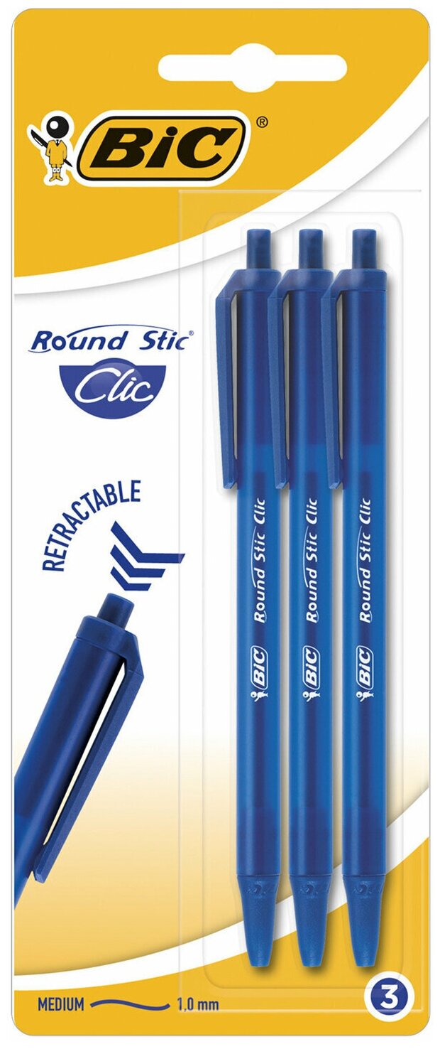 Ручки шариковые автоматические BIC "Round Stic Clic", набор 3 шт, синие, линия письма 0,32 мм, блистер, 926374