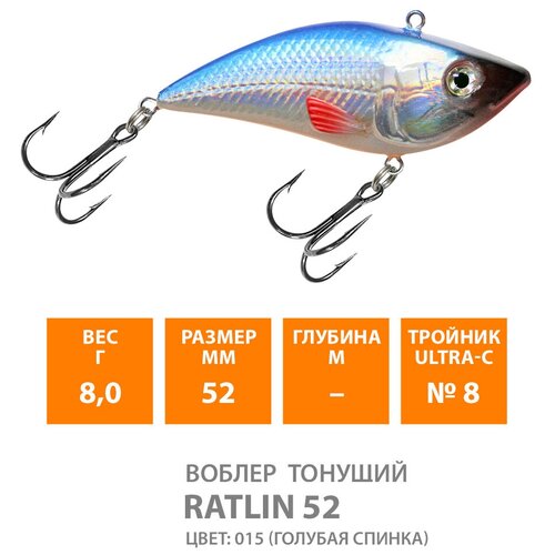 Воблер для рыбалки тонущий AQUA Ratlin 52mm 8g цвет 015 воблер для рыбалки aqua ratlin 52mm вес 8 0g цвет 015 голубая спинка 1 штука