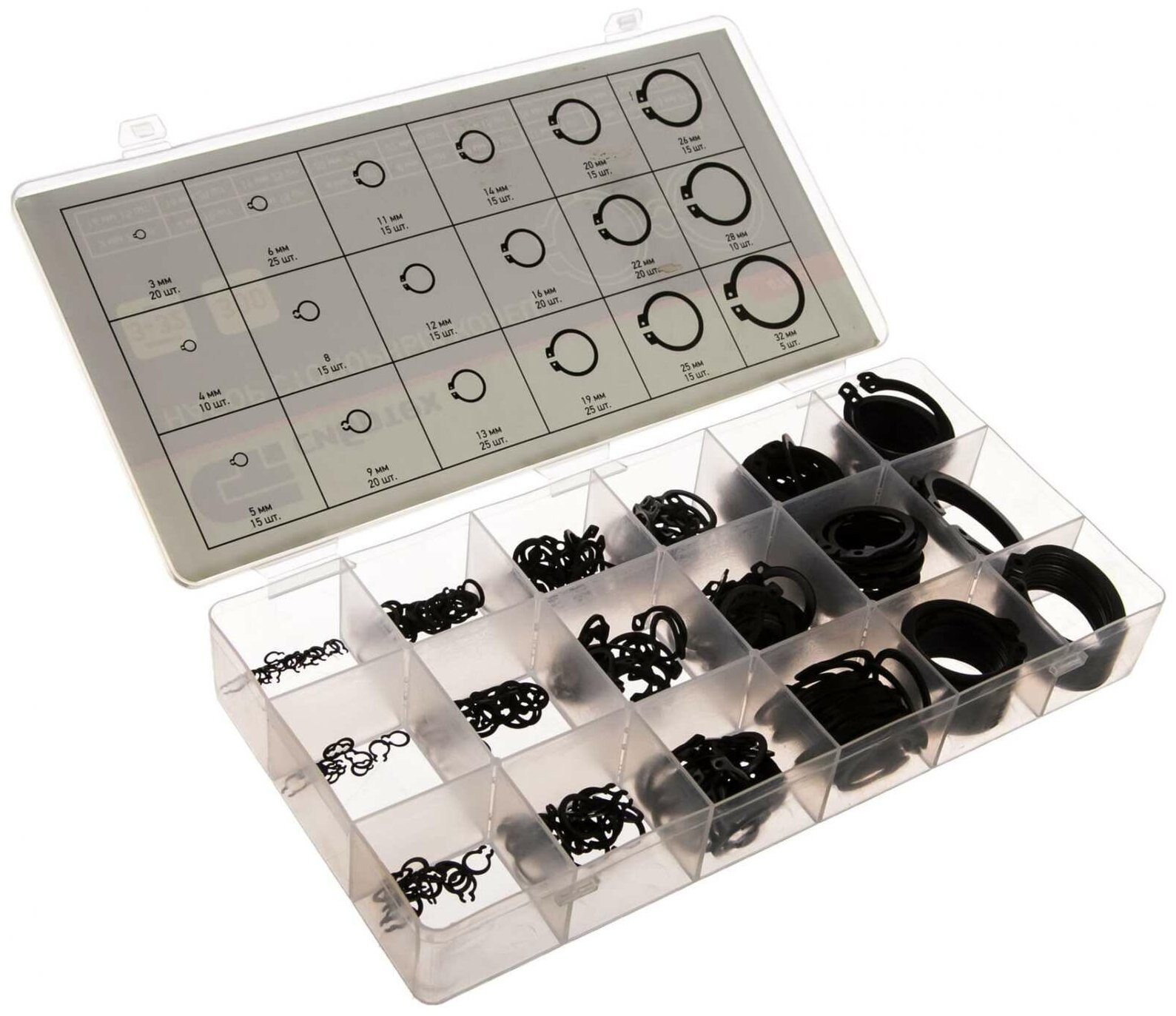 Набор стопорных колец, D 3-32 мм, 300 предметов Сибртех — фото 1