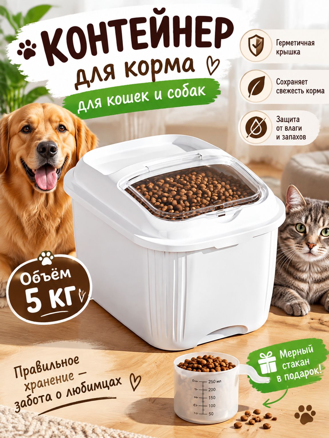 Контейнер для хранения сухого корма для кошек и собак, емкость для корма 5 кг, герметичный бокс для продуктов, хранение круп и муки/органайзер для кухни.
