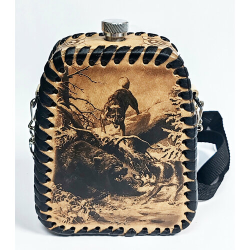 Подарочная фляга из нержавеющей стали 700 мл в бежевом кожаном чехле Охота на Медведя Ручная работа Россия 4600₽