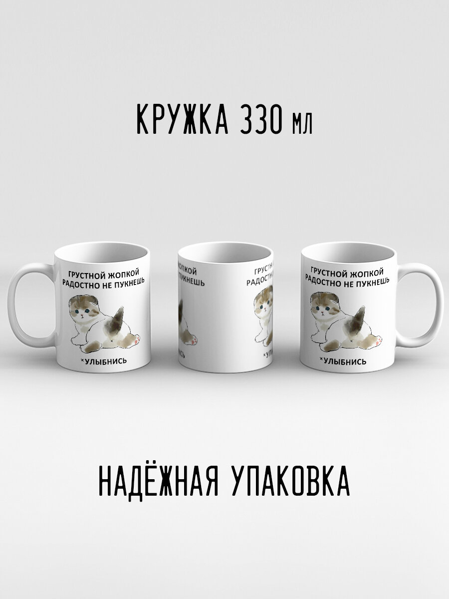 Кружка с приколом мем с котиком Грустной попкой радостно не пукнешь — фото 1