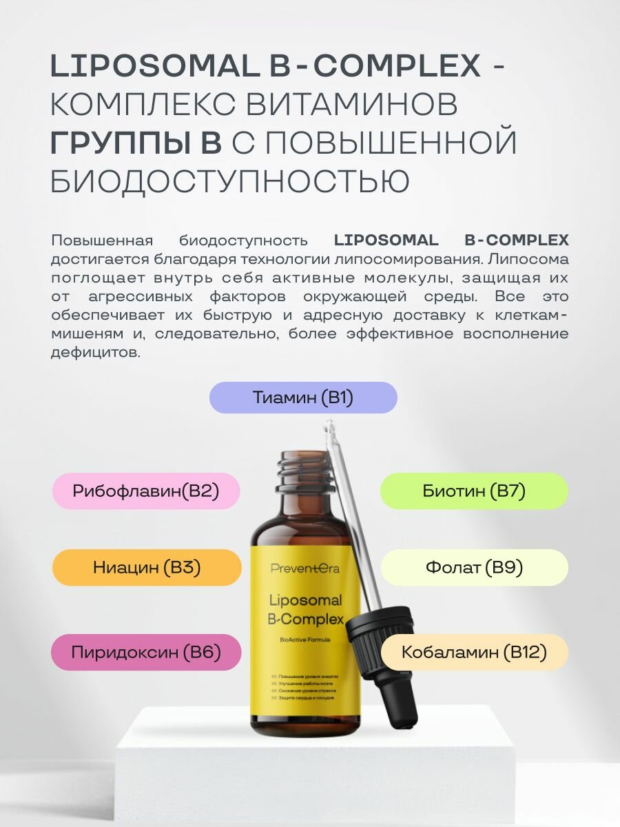 Изображение Липосомальный комплекс витаминов группы B Liposomal B-Complex PreventEra, биотин, повышение уровня энергии
