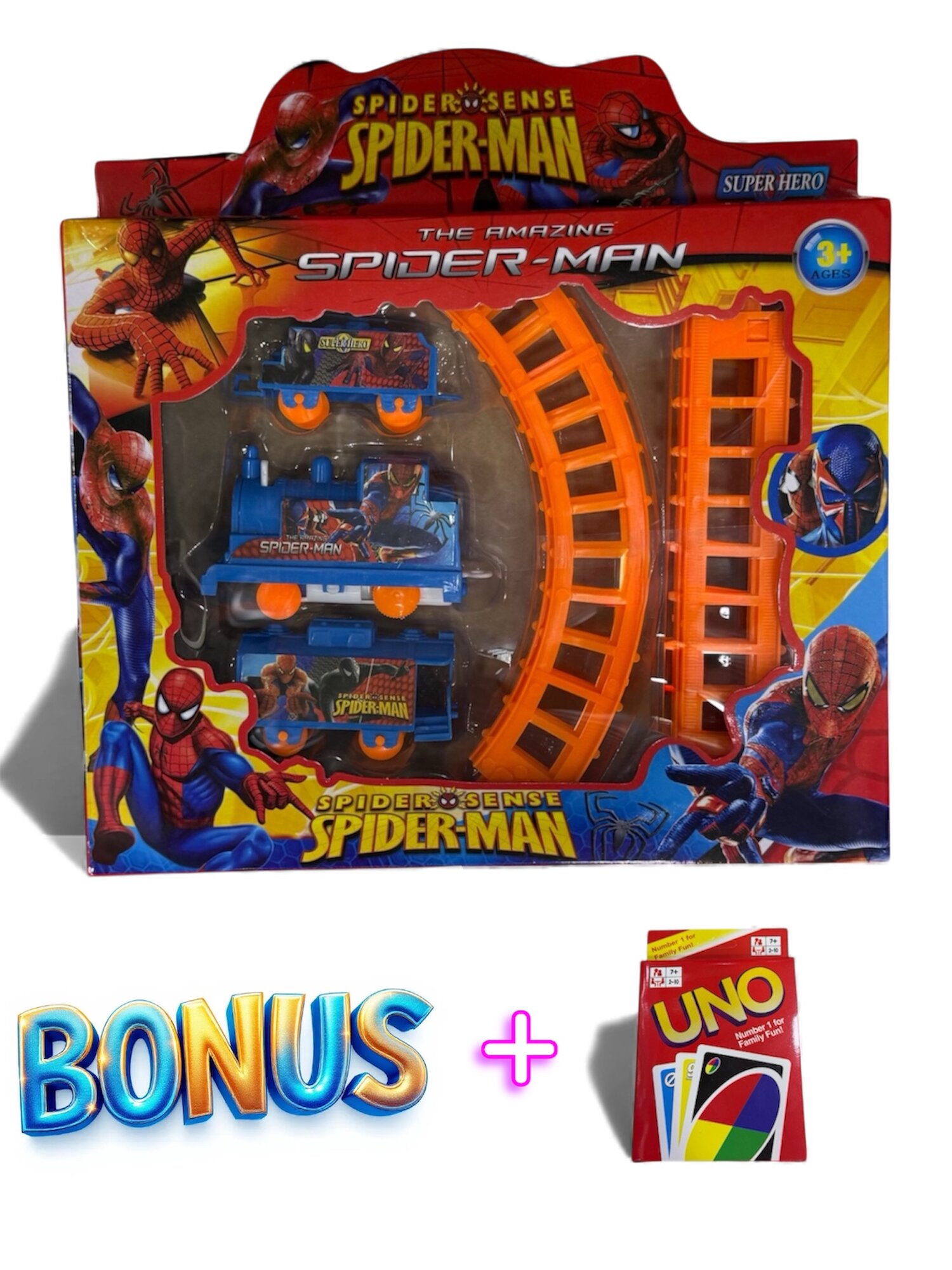 BONUS + "UNO" Игрушечный поезд с железной дорогой в стиле Человека-паука