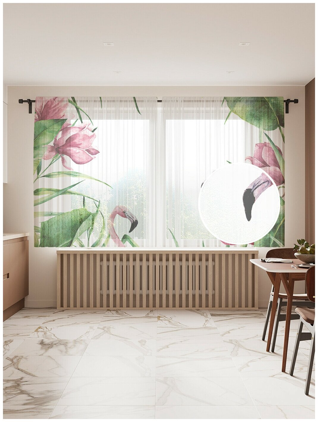 Тюль для кухни и спальни JoyArty "Фламинго в окружении тропиков", 2 полотна со шторной лентой шириной по 145 см, высота 180 см. - фотография № 1
