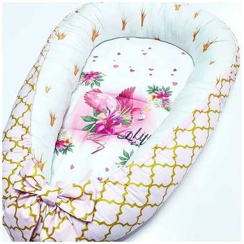 фото Кокон-гнездышко с бантом для новорожденного masteritsa_textile, расцветка "зигзаги с фантазией" (панель с печатью фламинго) masteritsa_texile