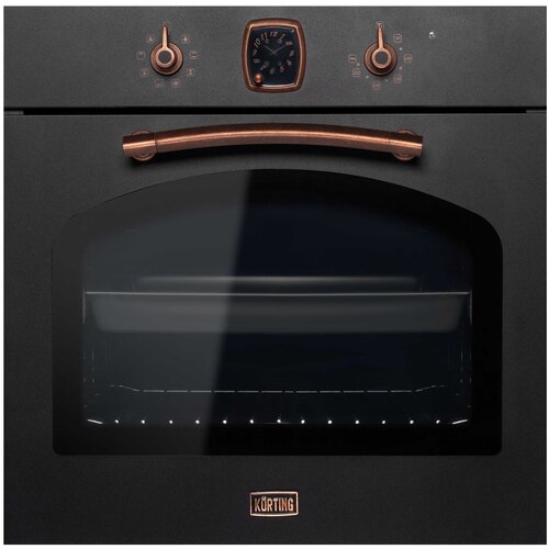 Встраиваемые газовые духовки Korting Духовой шкаф в ретро-дизайне аналоговые часы в классическом стиле Frank Muller с функцией времени таймера и отключения 8 режимов нагрева объем духовки 64 л телескопические направляющие на одном уровне трехслойное остекление каталитическая самоочистка автоматическое отключение в комплекте глубокий противень хромированная решетка стеклянный противень цвет - матовый черный цвет ручек - медь 4699000₽