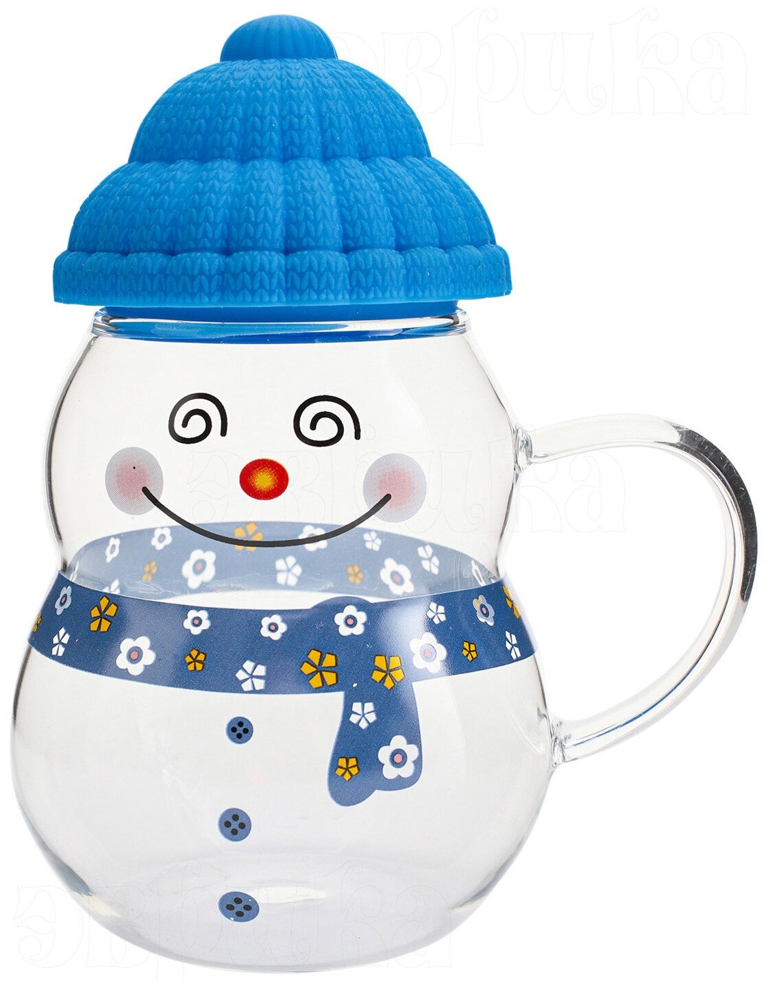 Кружка стеклянная Снеговик синий 450 мл, кружка с крышкой новогодняя, подарочная, символ года