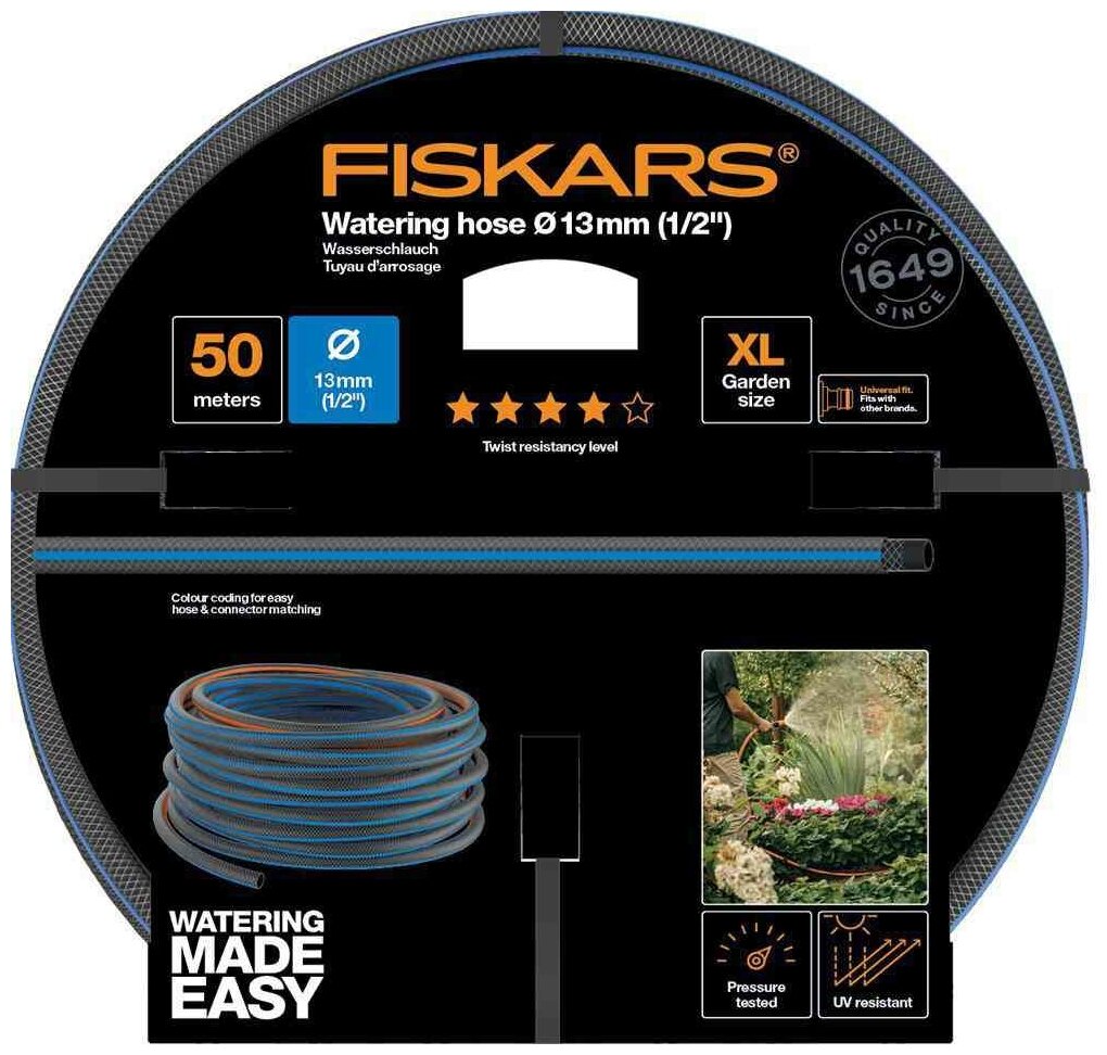 Шланг Fiskars поливочный армированный черный/синий 1/2" 50м - фотография № 3