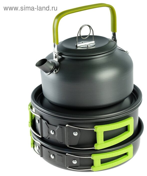 фото Набор посуды туристический, чайник, кастрюля, сковорода, в сетке