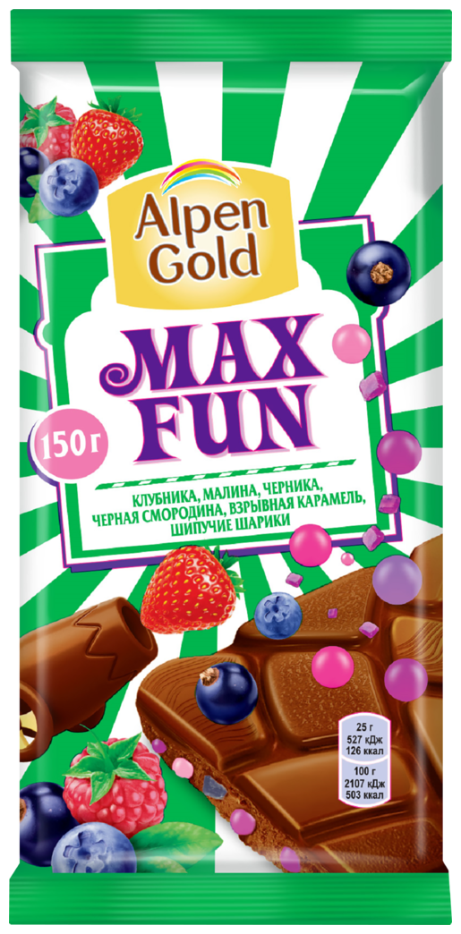Шоколад Alpen Gold Max Fun молочный клубника, малина, черника, черная смородина, взрывная карамель, шипучие шарики, 150 г - фотография № 5