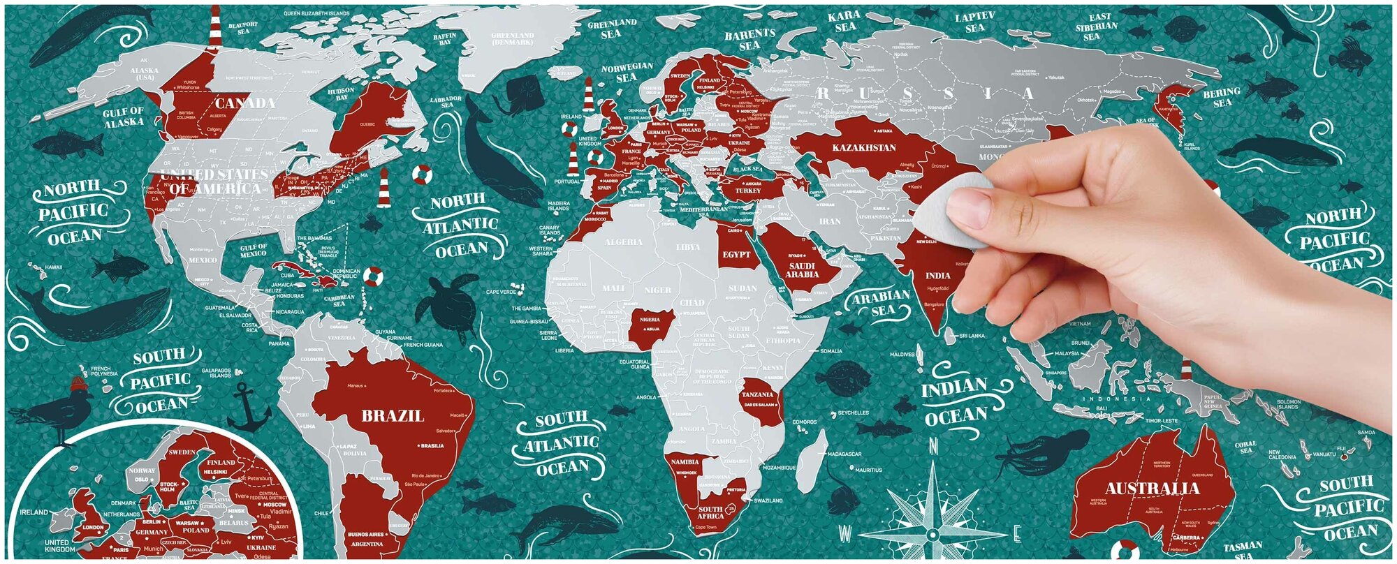 Скретч карта мира на стену в тубусе Travel Map Marine World