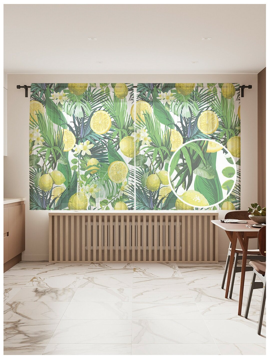 Тюль для кухни и спальни JoyArty "Лимоны и тропики", 2 полотна со шторной лентой шириной по 145 см, высота 180 см.
