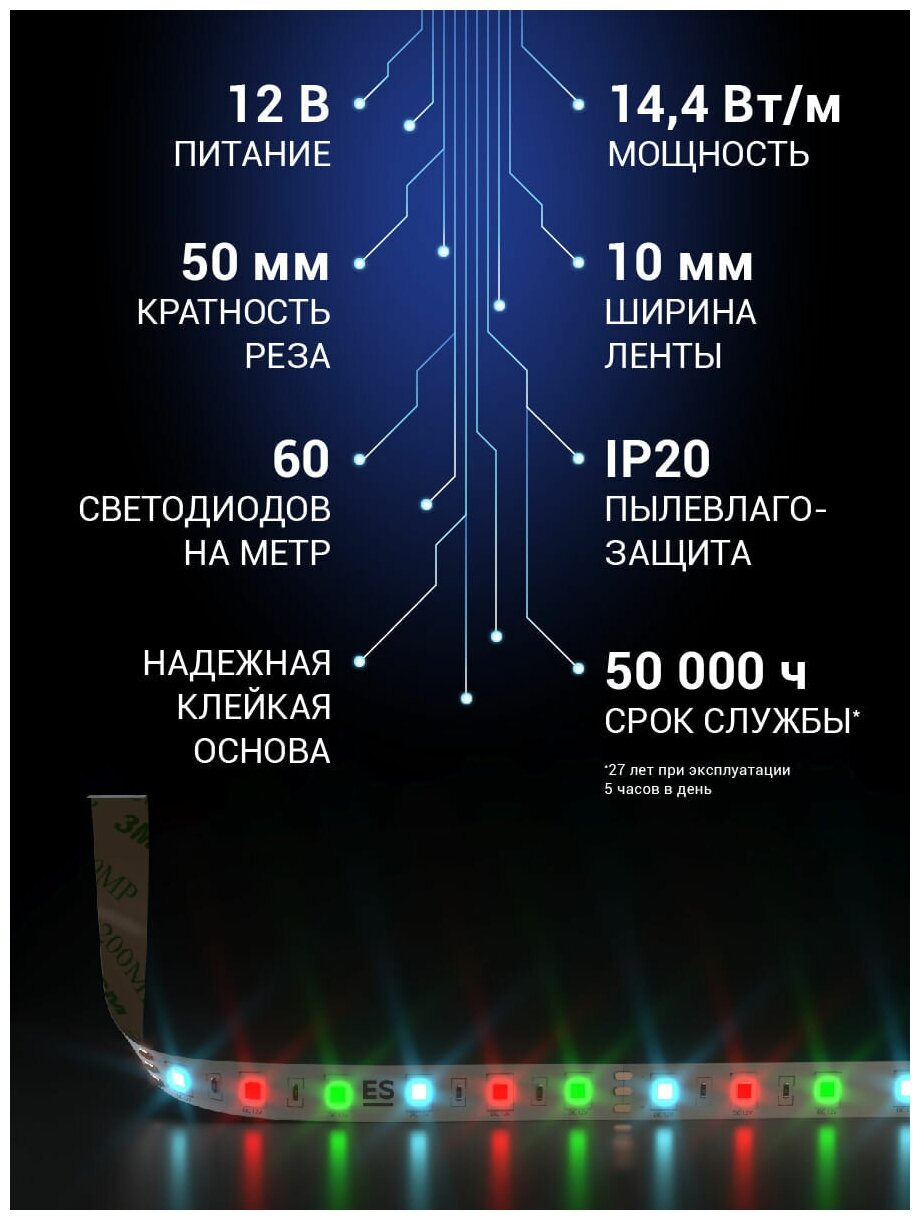 Лента светодиодная Elektrostandard 5050 12В 60 Led/м 14,4 Вт/м мульти свет, 5 метров, IP20