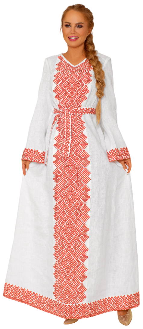Платье женское славянское белое с длинным рукавом в русском стиле праздничное свадебное повседневное льняное Царевна Лебедь, 44 размер
