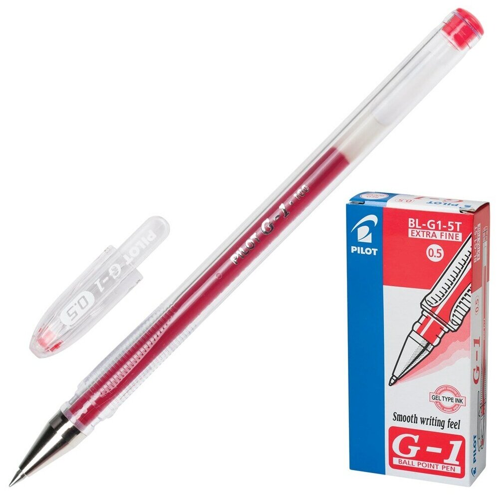 Ручка гелевая PILOT "G-1" красная корпус прозрачный узел 0 5 мм линия письма 0 3 мм, 12 шт
