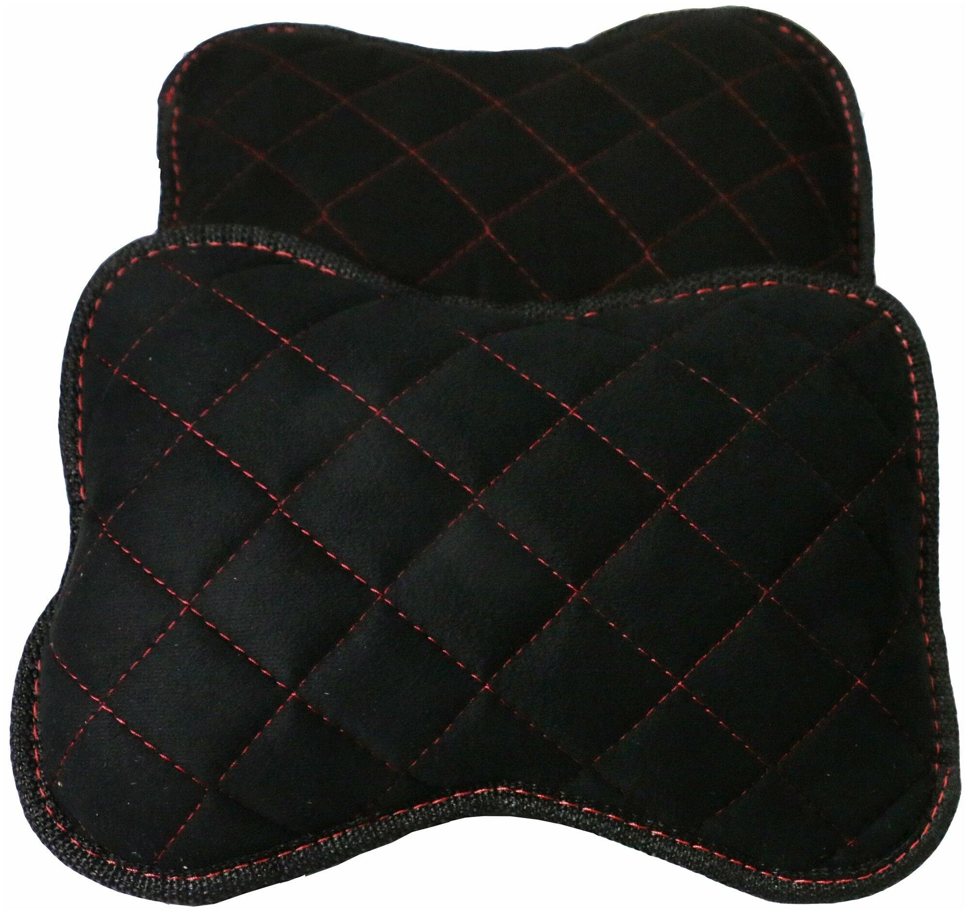 Подушка-подголовник на сиденье автомобиля из алькантары премиум-класса. Ткань ромб черный/строчка красная - 2 шт.