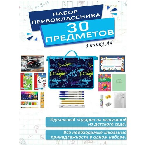 Набор школьника первоклассника канцелярский в папке А4, 30 предметов, для мальчиков