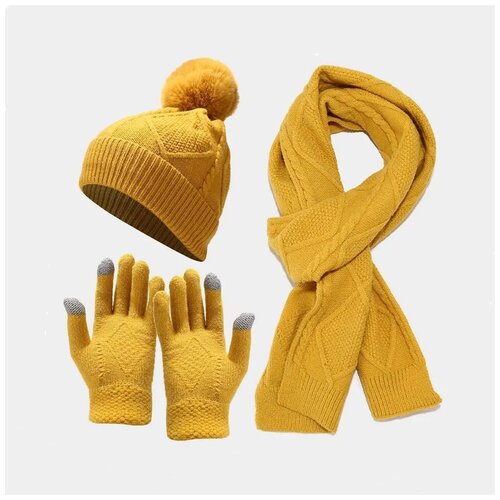 фото Комплект женских аксессуаров черного цвета 3 в 1: шапка с помпоном, большой шарф и перчатки с сенсорным покрытием в вязаном стиле нет бренда