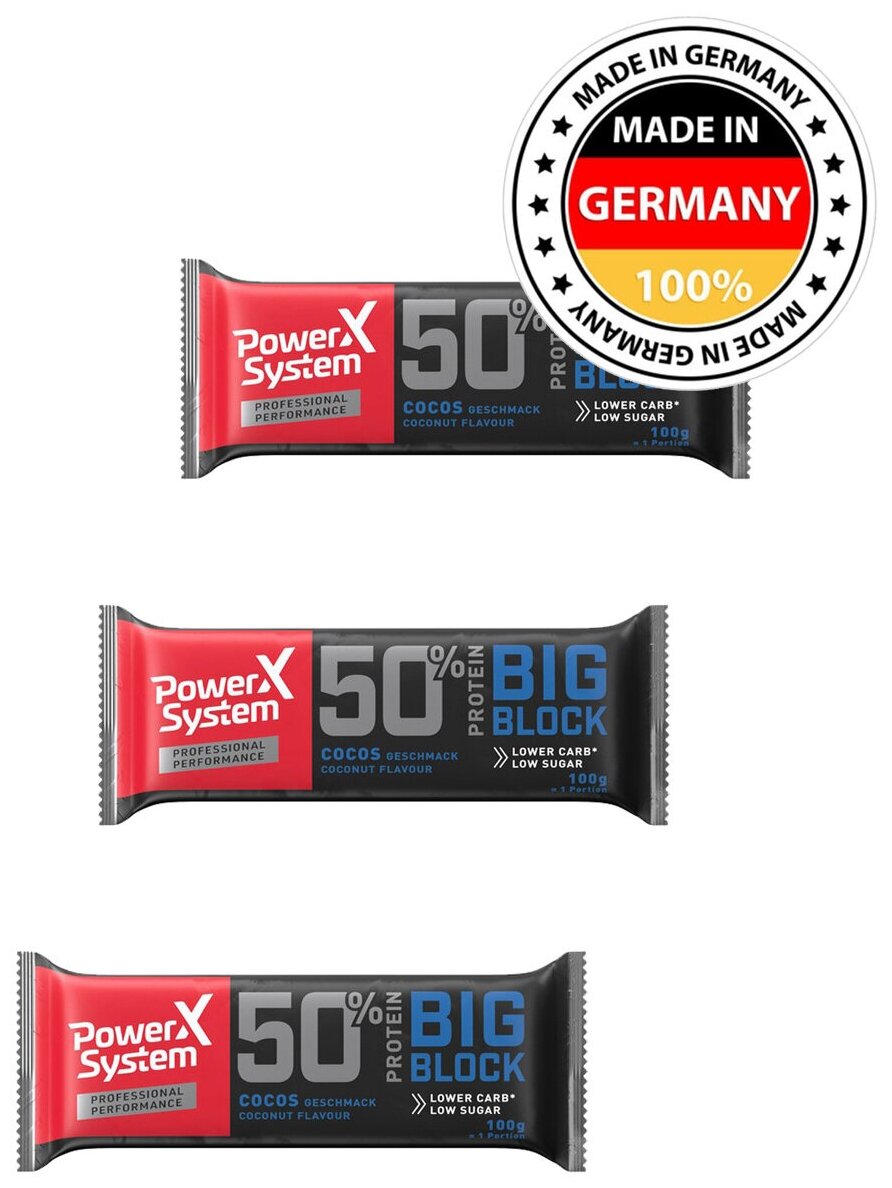 Протеиновый батончик с 50г белка / Power System Big Block Protein Bar (Кокос) 3х100г / 50% белка с коллагеном для похудения и набора мышечной массы женщин и мужчин