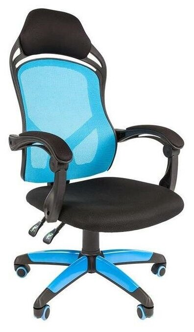 Игровое кресло Chairman game 14 чёрное/голубое (ткань, пластик, газпатрон 3 кл, ролики, механизм качания) - фотография № 7