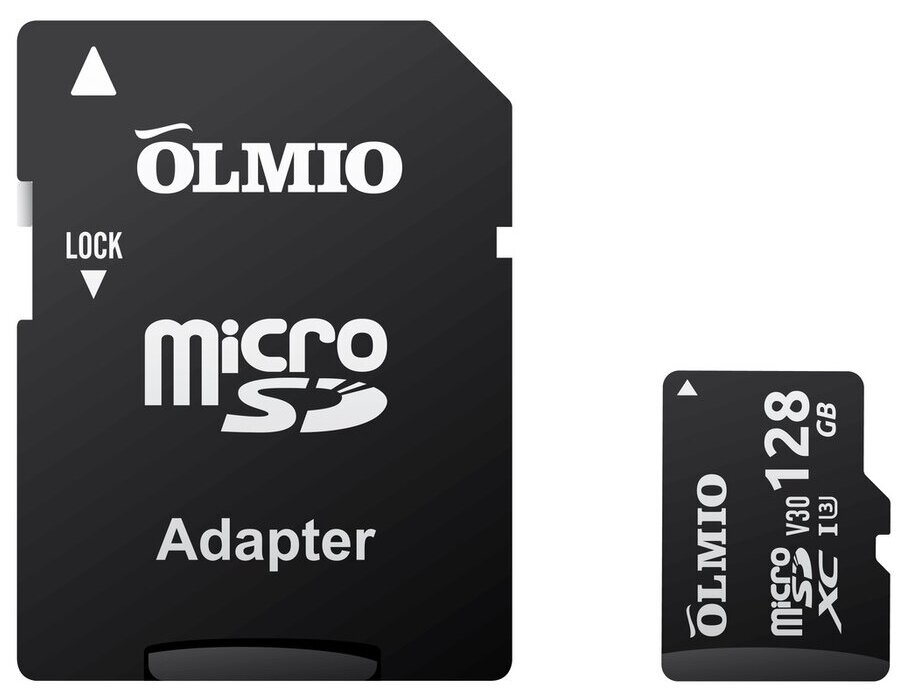 Карта памяти microSDXC 128GB UHS-I U3 V30, c адаптером, OLMIO,