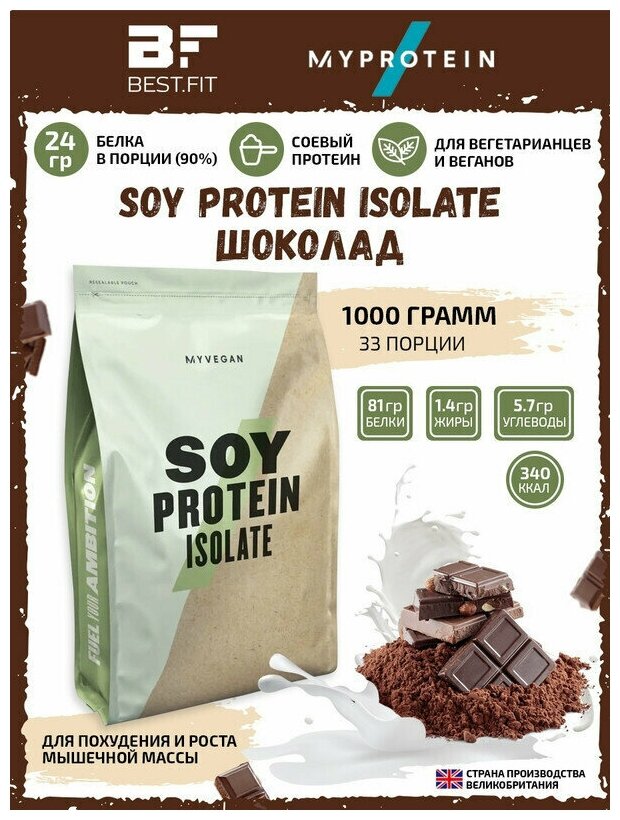 Растительный протеин Myprotein Soy Protein Isolate, 1000г (Шоколад) / Соевый белок без лактозы / Для похудения и набора мышечной массы, женщин и мужчин