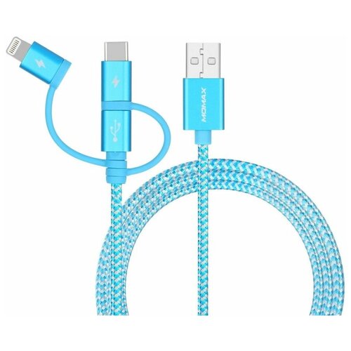 Кабель Momax One Link 3-in-1 USB A to Micro USB/Lightning/USB-C (1m) DX1 Blue (DX1B) беспроводные наушники momax pills mini usb type c white