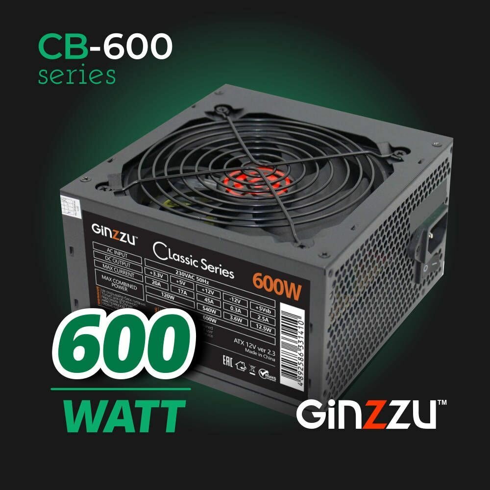 Блок питания Ginzzu 600W (CB600) ATX ,12CM, кабель питания, 3 года гарантии