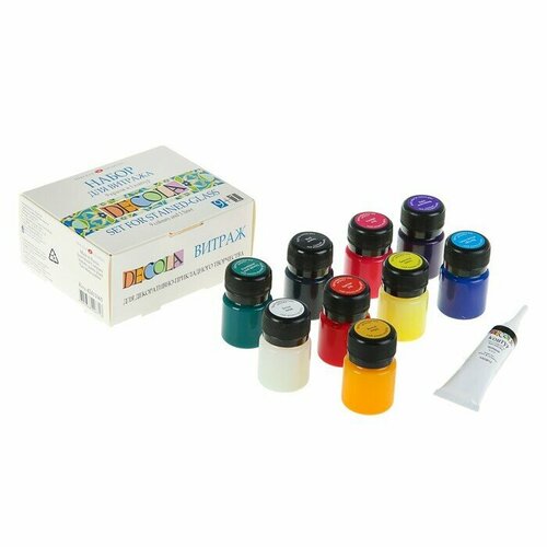 Набор витражных красок по стеклу 9 цветов х 20 мл + контур, 42411065 1 шт. набор акриловых красок по стеклу 6 красок и контур