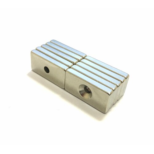 Неодимовый магнит 20х10х3 мм, блок с зенковкой 3/6 мм - 10 штук