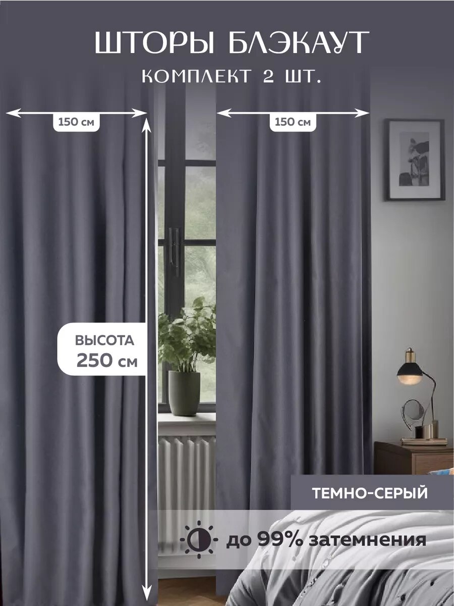 Шторы Палитра штор блэкаут 150x250 темно-серые в спальню