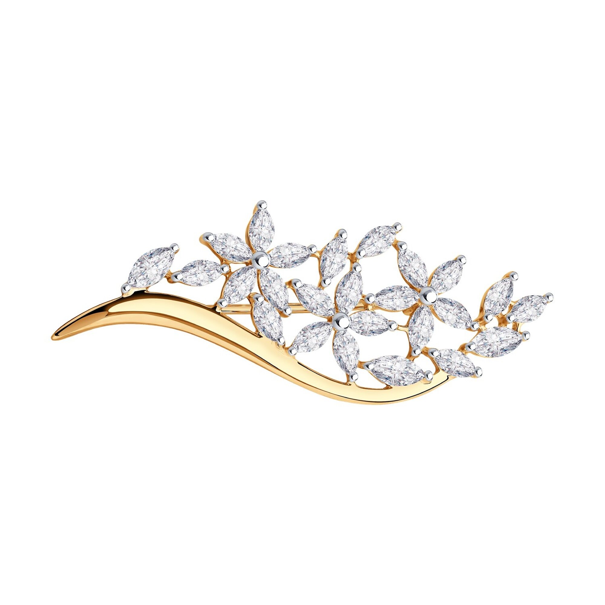 Брошь Diamant online, серебро, 925 проба, золочение, фианит