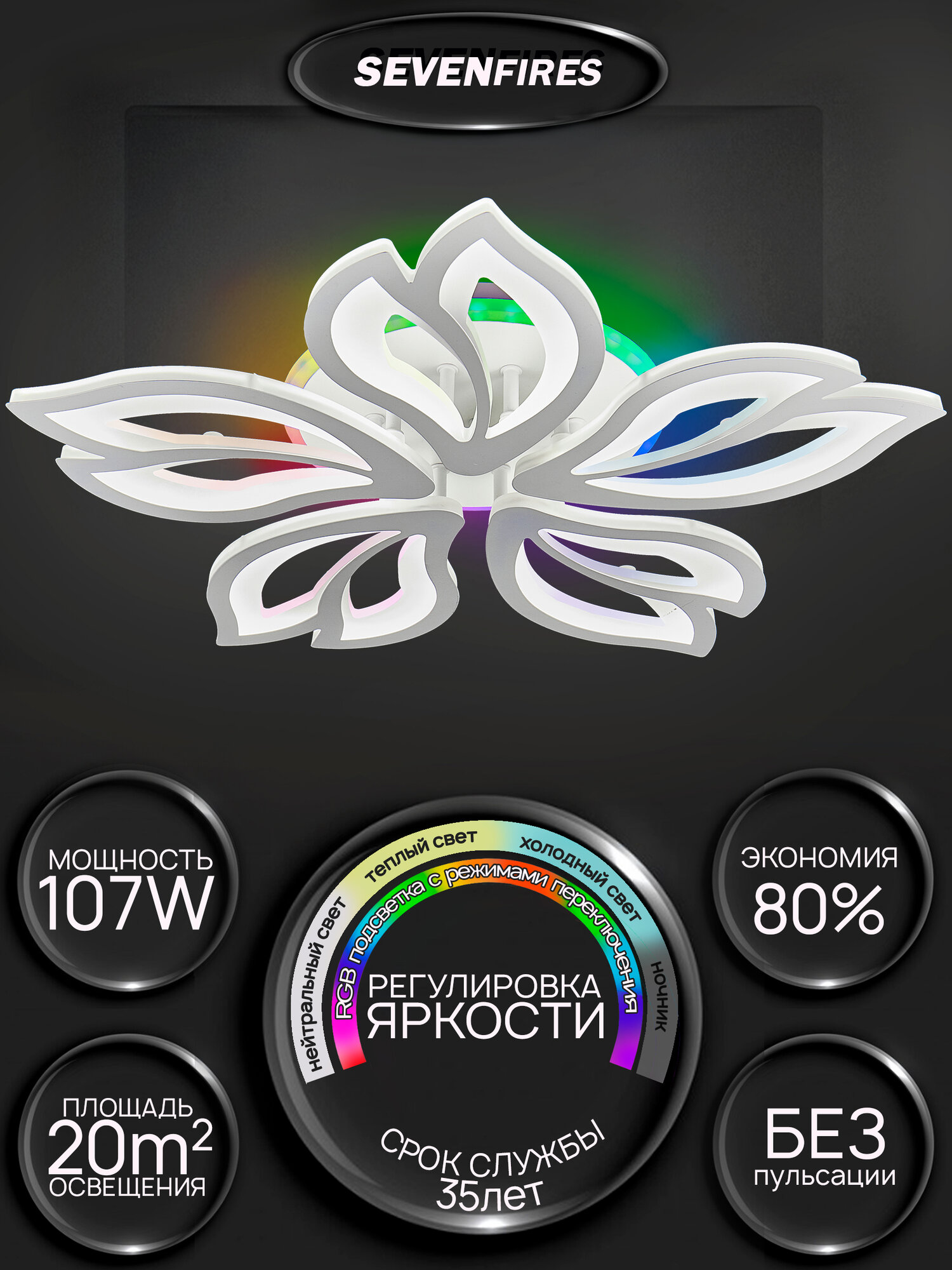 Люстра потолочная светодиодная Семь огней  белая  с пультом и RGB подсветкой