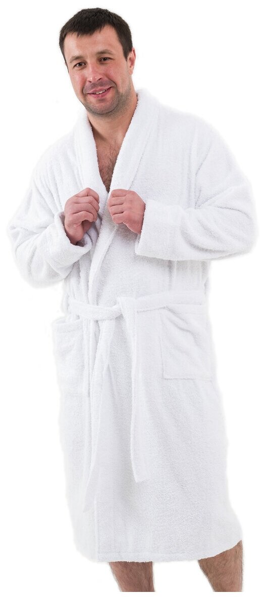 Халат махровый мужской BIO-TEXTILES 60-62 белый домашний хлопок с запахом банный больших размеров с воротником длинный в подарок для дома бассейна - фотография № 1