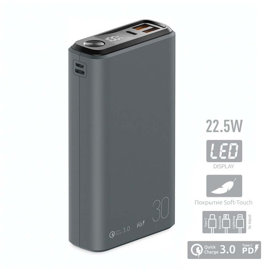 Внешний АКБ OLMIO, QS-30, 30000mAh, 20W, QuickCharge3.0/PowerDelivery, LCD, темно-серый