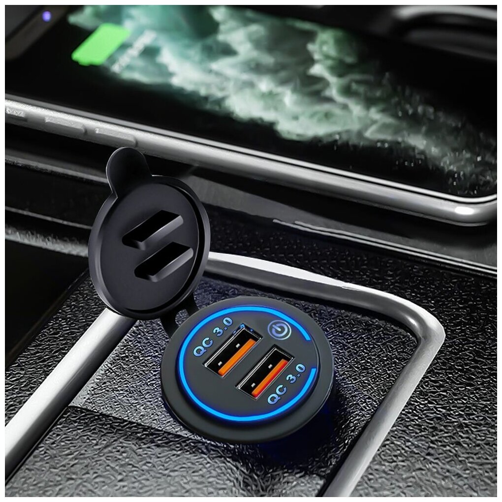 Розетка 2xUSB в прикуриватель встраиваемая (врезная) с быстрой зарядкой RECXON UFC-02, зеленая подсветка — фото 1