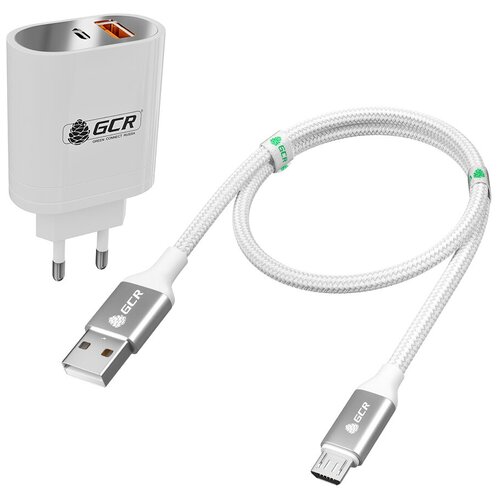 сзу akai ch 6a08 1usb typec power delivery 18w white GCR Комплект сетевое зарядное устройство 36W USB TypeA + TypeC, PD18W + Quick Charge 3.0 + кабель QC 1.0m MicroUSB