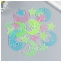 Наклейка фосфорная пластик "Месяцы-смайлы и звёздочки" набор 27-42 шт 19х13 см. Вид наклейки: Светящаяся в темноте.  ...