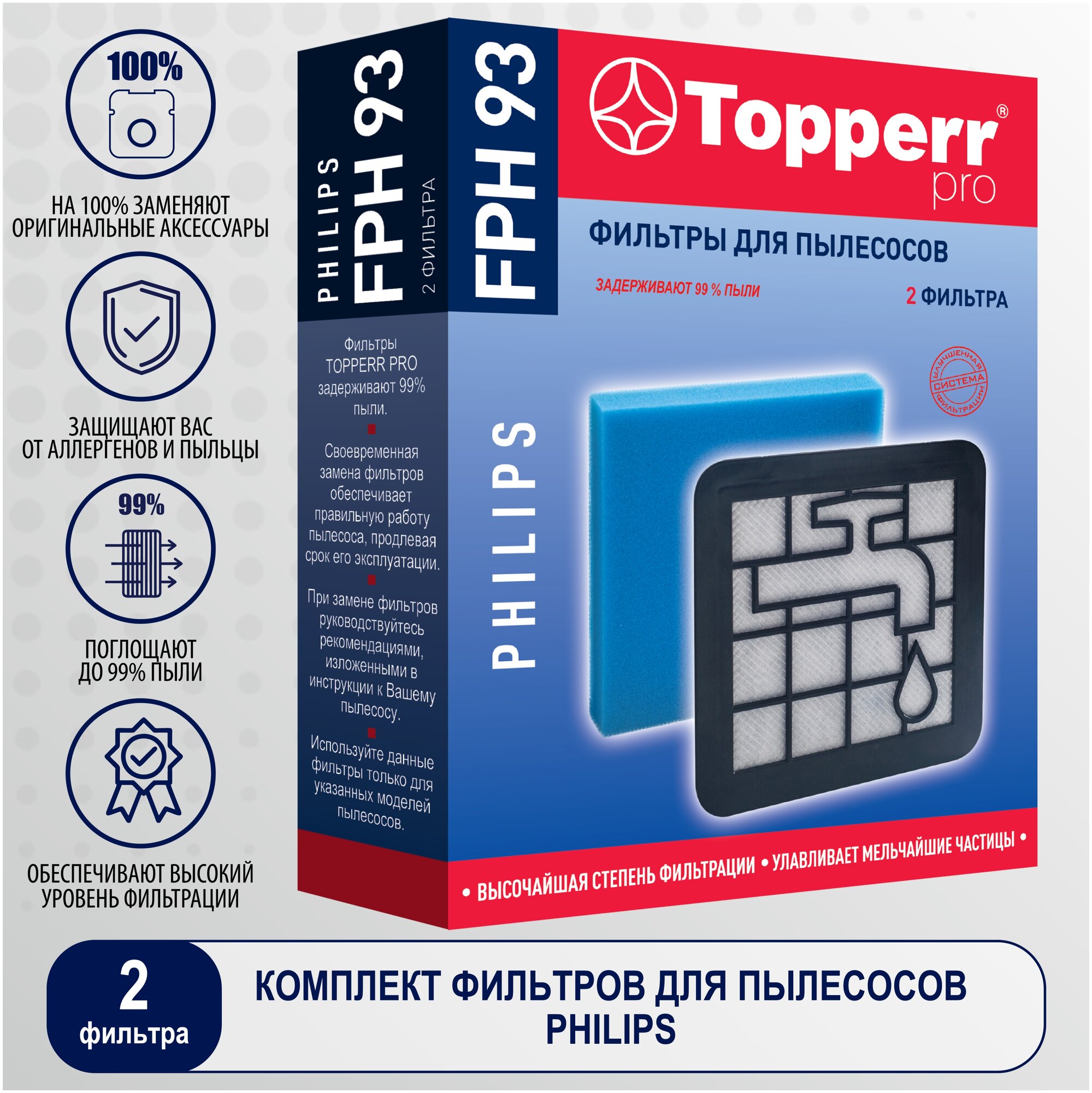 Topperr Комплект фильтров для пылесоса PHILIPS (микрофильтр на раме + губчатый фильтр), 2 шт, FPH 93