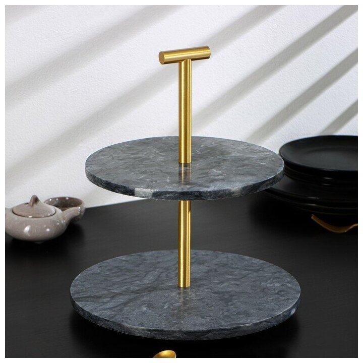 фото Блюдо из мрамора Magistro Granite, 2-ярусное, d-25/20*28 см, цвет серый