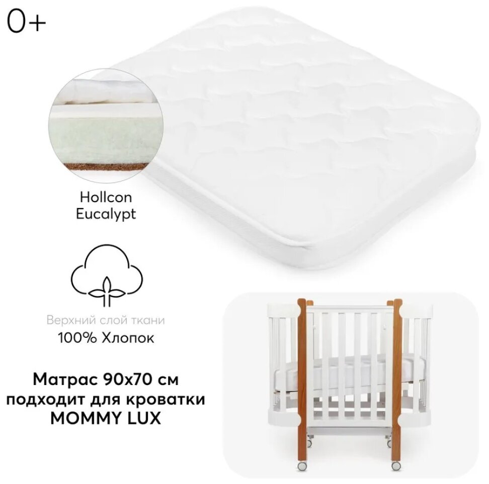 95010, Матрас Happy Baby для детской люльки-кроватки, двусторонний, гипоаллергенный, для кровати MOMMY LUX, со съемным чехлом, 90х70см, белый