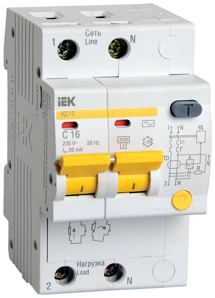 фото Дифференциальный автоматический выключатель АД12 2Р 16А 30мА IEK