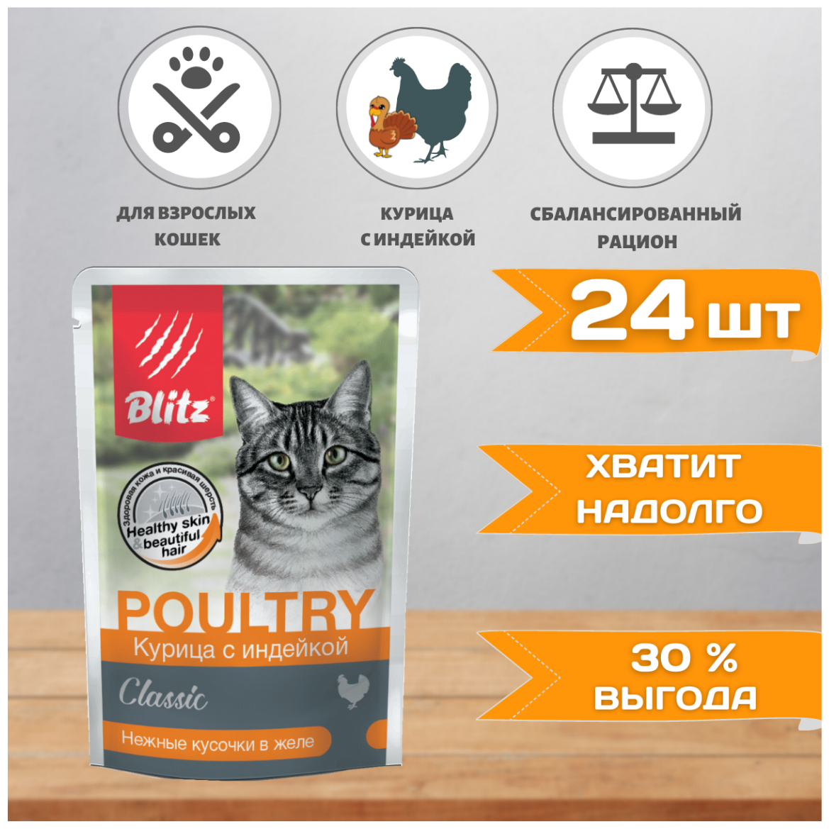 Корм влажный Blitz (pet) Blitz для кошек Курица с Индейкой в желе, 24шт х85 г