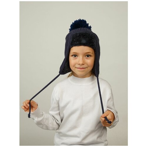 фото Modniki, шапка-ушанка с помпоном/на завязках,темно-синий,52-54