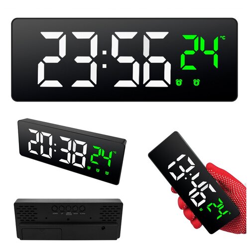 Часы электронные цифровые настольные с будильником, термометром и календарем (прмт-103268) белая / зелёная подсветка (черный корпуc)