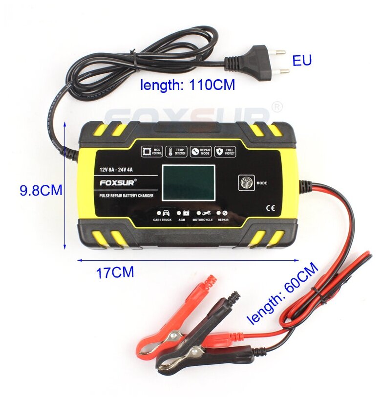 Автоматическое зарядное устройство для 12В / 24В автомобильных аккумуляторов, FOXSUR FBC122408D (8A/4A)
