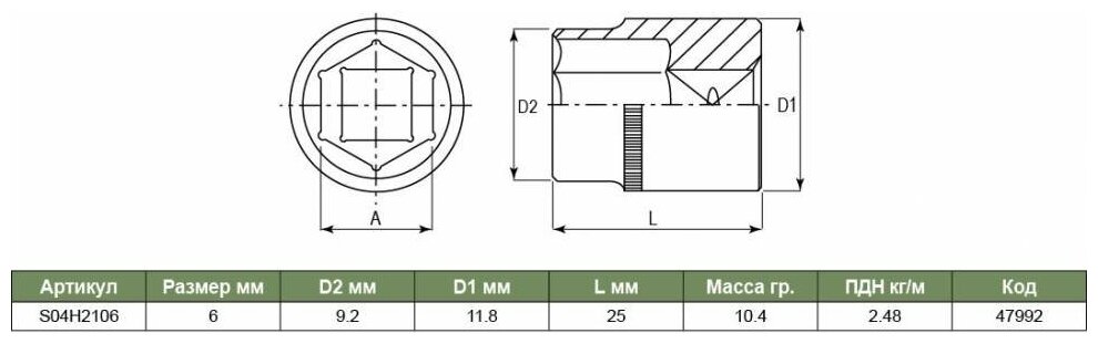 Головка торцевая Jonnesway 1/4" 6мм (S04H2106) - фото №6