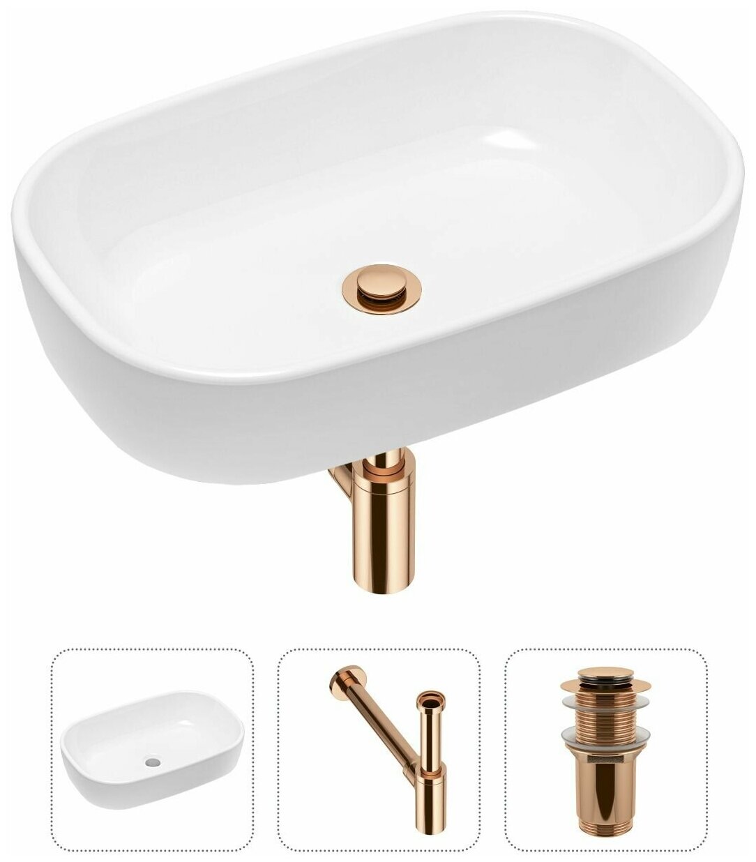 Накладная раковина в ванную Lavinia Boho Bathroom Sink 21520011 в комплекте 3 в 1: умывальник белый, донный клапан и сифон в цвете розовое золото